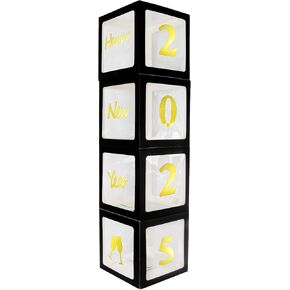 Black Gold Happy New Year 2025 Boxes, Balloon Box with Gold Letters Kit, UNIIDECO Party Decoration Supplies, Photo Background Backdrop