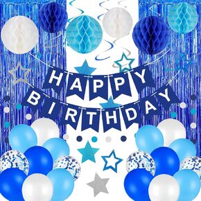 Blue Birthday Decorations with 40pcs Blue White Clear Bobo Balloon ,Honeycomb Ball, Circle Dot Garland ,Blue Fringe Curtain for Birthday Party Decorations