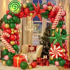 CboDeco Christmas Balloon Garland Arch Kit Christmas Balloon with Red Green Gold Balloon Gift Box Balloons Windmill Candy Balloon for Christmas Party Decorations