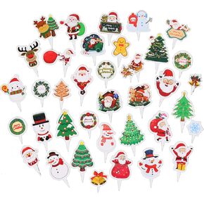 Christmas Cupcake Toppers, 74 Pieces Cute Cake Decorations Santas Christmas Tree Snowman Cupcake Cake Toppers for Merry Christmas Theme New Year Holiday Party Decorations Supplies