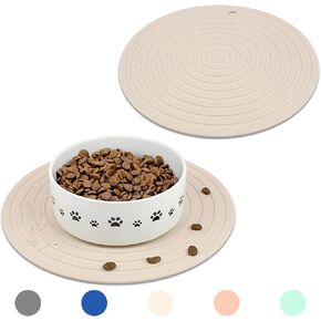 Silicone Pet Food Mat for Dogs and Cats Placemat 2Pcs, Waterproof Non-Slip Feeding Bowl Mats Prevent Food and Water Overflow, Silicone Puppy Mat Suitable for Small Medium Pets, Beige, 9.5Inch
