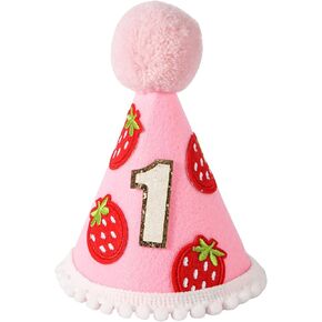 Strawberry 1st Birthday Hat, 5x3.1in Pink First Birthday Celebration Cap Baby Birthday Hat Strawberry Themed First Birthday Party Decoration Supplies for Baby Girls