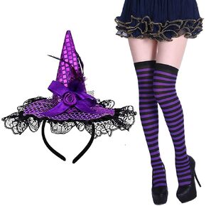 Halloween Witch Hat Headband with Lace and Long Striped Socks Knee High Stocking for Halloween Party Favors Supplies Cosplay Costume