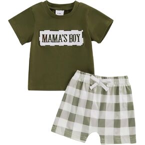 FIOMVA Baby Boy Summer Outfits Short Sleeve Mama's Boy Waffle T-Shirt + Shorts Set Infant Summer Clothes