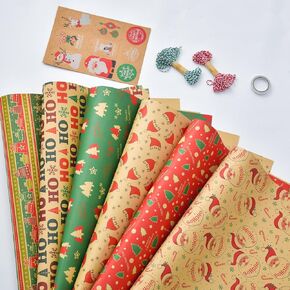 Layninder Christmas Wrapping Paper, Kraft Gift Wrapping Paper w/Snowman Christmas Tree Cane Candy, 6 Sheets Vintage Red Green Xmas Wrapping Paper, Holiday Gift Wrap for New Year (27.6x19.7 In, Folded)