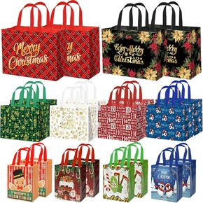 20Pack Christmas Gift Bags Assorted Sizes， Reusable Christmas Tote Bags with handle， 4 Large 8 Medium 8 Small Christmas Bags For Gifts， Holiday Gift Bags For Christmas Presents, Xmas Party Supplies