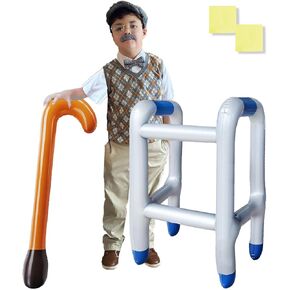 2 Pcs Inflatable Walker and Cane Costume Prop Set,Old Age Lady Man Costume Accessories for 100th Day of School,Retirement Gag Gift Party Decor,Birthday,Kids with 2 Repair Stickers,Not for Small Child