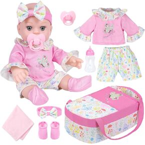 ZNTWEI 12 Inch Baby Doll Bassinet Bed Set with Washable Clothes and Accessories Includes Bassinet Bed, Bottles, Nipple, Blankets, First Baby Dolls for Toddlers 36 Months and Up