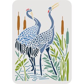 BENECREAT Crane Plastic Stencil, Wetland Marsh Crane Cattails Pattern Drawing Painting Templates for Diary Scrapbook DIY Craft, Wall Floor Decoration, 12x12"