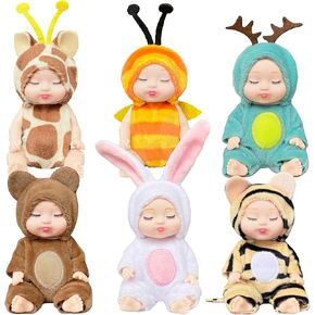 6 Pcs Mini Baby Dolls,4 Inch Realistic Small Baby Doll Toys with Animal Clothes,Cute Tiny Babies Gifts for Girls Kids Baby Shower Easter Basket Valentine
