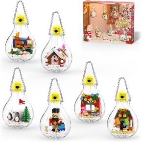 Christmas Tree Ornaments Building Set with Light, Santa Claus Gingerbread House Nutcracker Penguin Bear Building Kit in Bulbs, 6 Pack Xmas Decorations Stocking Stuffers Gift for Kids (405 PCS)