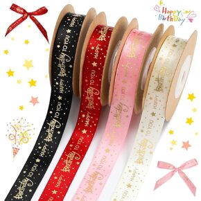 4 Rolls Happy Birthday Ribbon for Flower Bouquet, 40 Yards 5/8 Inch Birthday Ribbon with Gold Printed Satin Ribbon for Gift Wrapping Party Supplies Decorations DIY Crafts - 4 Colors