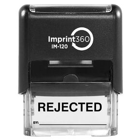 AS-IMP1117R - Rejected Stamp with by: Line, Red Ink, Heavy Duty Commerical Self-Inking Rubber Stamp, 9/16" x 1-1/2" Impression