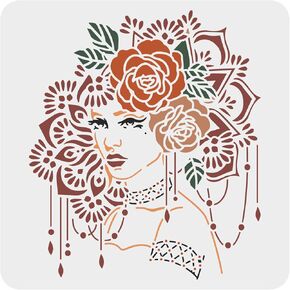 FINGERINSPIRE Flower Women Stencil 11.8x11.8 inch Beauty Woman Craft Stencils Reusable Plastic Mandela Flower Template Elegant Lady Wall Art Stencil for Painting on Wood Sign Tiles Floor Fabric