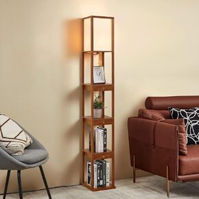 ATAMIN Aaron - 72" Shelf Floor Lamp with Drawers, Tall Standing Lamp for Living Room and Bedroom, Modern Corner Floor Lamp with Shelves and Drawers, Rustic Wood
