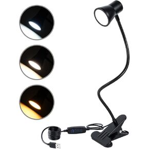 Clip Desk Lamp, USB Reading Light, Flexible Neck Led Clamp Light with 3 Color Temperature Options, 10 Dimmable Brightness Levels for Working, Studying (8W)