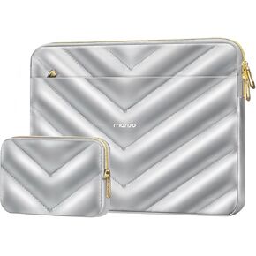 MOSISO Shiny Puffy Laptop Sleeve 13-13.3 inch, Carrying Case for Women Compatible with MacBook Air/Pro 13 inch, Compatible with MacBook Pro 14, Polyester Quilted Bag with Pocket&Small Case, Silver