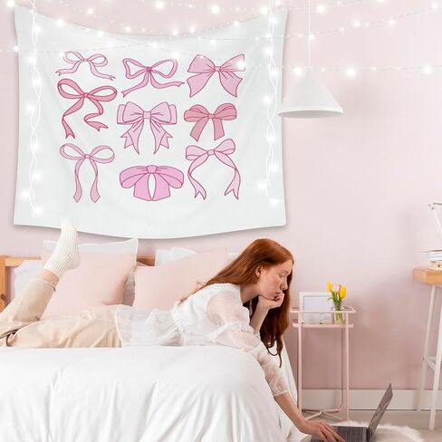 LiTiu Pink Bow Y2K Coquette Preppy Room Decor Tapestry Wall Hanging, Preppy Wall Art Decor， Trendy Coquette Wall Decor for Girls Bedroom Dorm, 50x60 in(Unframed) in Kuwait