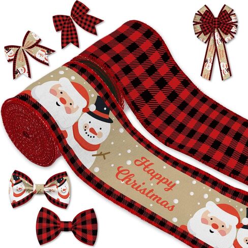 YKW 2 Rolls Christmas Ribbon Set, 2.56" x 5 Yards - Santa & Snowman with Buffalo Plaid Wired Edge Ribbons, for Rustic Holiday Decor, Wreath,Bow, Gift Wrapping in Saudi Arabia