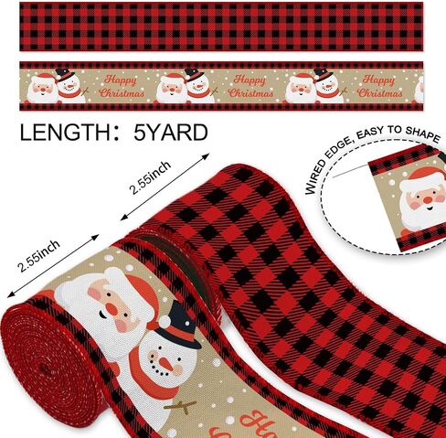 YKW 2 Rolls Christmas Ribbon Set, 2.56" x 5 Yards - Santa & Snowman with Buffalo Plaid Wired Edge Ribbons, for Rustic Holiday Decor, Wreath,Bow, Gift Wrapping in Saudi Arabia