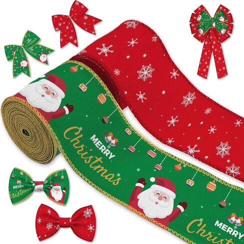 YKW 2 Rolls Christmas Ribbon Set, 2.56" x 5 Yards - Santa & Snowman with Buffalo Plaid Wired Edge Ribbons, for Rustic Holiday Decor, Wreath,Bow, Gift Wrapping in Saudi Arabia