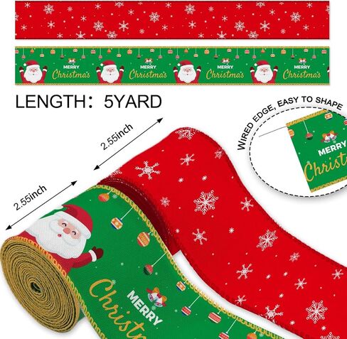 YKW 2 Rolls Christmas Ribbon Set, 2.56" x 5 Yards - Santa & Snowman with Buffalo Plaid Wired Edge Ribbons, for Rustic Holiday Decor, Wreath,Bow, Gift Wrapping in Saudi Arabia