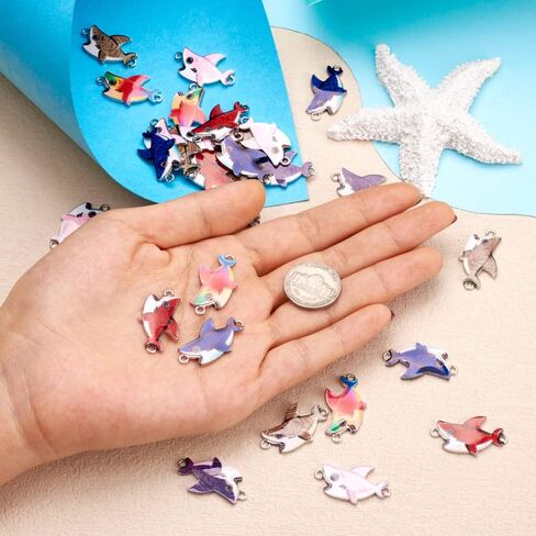 Craftdady 10 قطع متعددة الألوان من المينا على شكل قرش ساحرة بفتحتين مطبوعة من خليط معدني على شكل حيوان المحيط وصلات قلادة مطلية بالبلاتينيوم لسوار وقلادة وحلق وصناعة المجوهرات الحرفية in Saudi Arabia