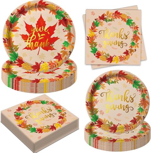 مجموعة أطباق ومناديل عيد الشكر من أويجكو تقدم 48 مجموعة أدوات طعام للاستعمال مرة واحدة لعيد الشكر تتضمن أطباق العشاء وأطباق الحلوى والمناديل لديكورات حفلات عيد الشكر في الخريف in Kuwait