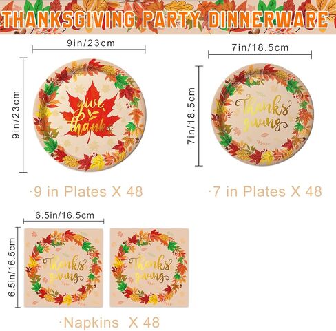 مجموعة أطباق ومناديل عيد الشكر من أويجكو تقدم 48 مجموعة أدوات طعام للاستعمال مرة واحدة لعيد الشكر تتضمن أطباق العشاء وأطباق الحلوى والمناديل لديكورات حفلات عيد الشكر في الخريف in Kuwait