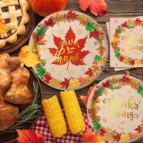مجموعة أطباق ومناديل عيد الشكر من أويجكو تقدم 48 مجموعة أدوات طعام للاستعمال مرة واحدة لعيد الشكر تتضمن أطباق العشاء وأطباق الحلوى والمناديل لديكورات حفلات عيد الشكر في الخريف in Kuwait