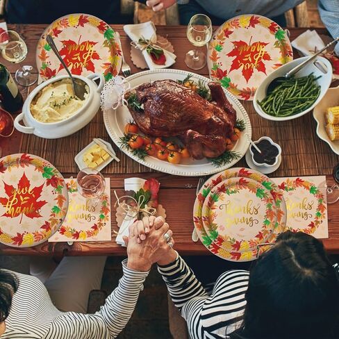 مجموعة أطباق ومناديل عيد الشكر من أويجكو تقدم 48 مجموعة أدوات طعام للاستعمال مرة واحدة لعيد الشكر تتضمن أطباق العشاء وأطباق الحلوى والمناديل لديكورات حفلات عيد الشكر في الخريف in Kuwait