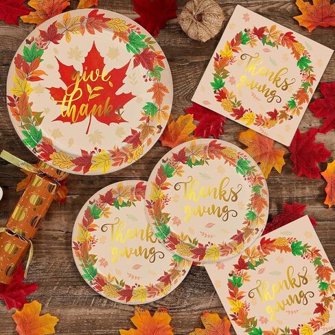 مجموعة أطباق ومناديل عيد الشكر من أويجكو تقدم 48 مجموعة أدوات طعام للاستعمال مرة واحدة لعيد الشكر تتضمن أطباق العشاء وأطباق الحلوى والمناديل لديكورات حفلات عيد الشكر في الخريف in Kuwait