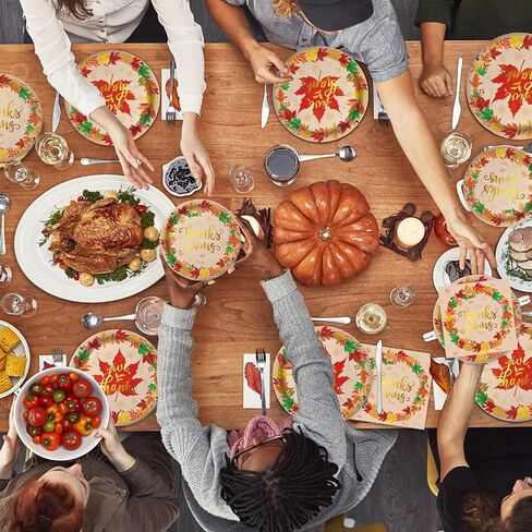 مجموعة أطباق ومناديل عيد الشكر من أويجكو تقدم 48 مجموعة أدوات طعام للاستعمال مرة واحدة لعيد الشكر تتضمن أطباق العشاء وأطباق الحلوى والمناديل لديكورات حفلات عيد الشكر في الخريف in Kuwait