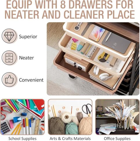 Storage Cart with 8 Drawers, Utility Cart with White Drawers and Wooden Tabletop, Craft Cart, Teacher Organization for Classroom,White in Kuwait