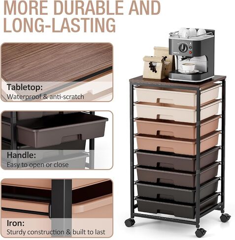 Storage Cart with 8 Drawers, Utility Cart with White Drawers and Wooden Tabletop, Craft Cart, Teacher Organization for Classroom,White in Kuwait