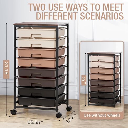 Storage Cart with 8 Drawers, Utility Cart with White Drawers and Wooden Tabletop, Craft Cart, Teacher Organization for Classroom,White in Kuwait