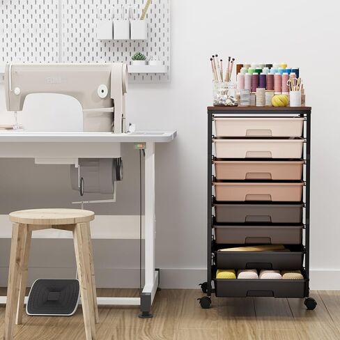 Storage Cart with 8 Drawers, Utility Cart with White Drawers and Wooden Tabletop, Craft Cart, Teacher Organization for Classroom,White in Kuwait