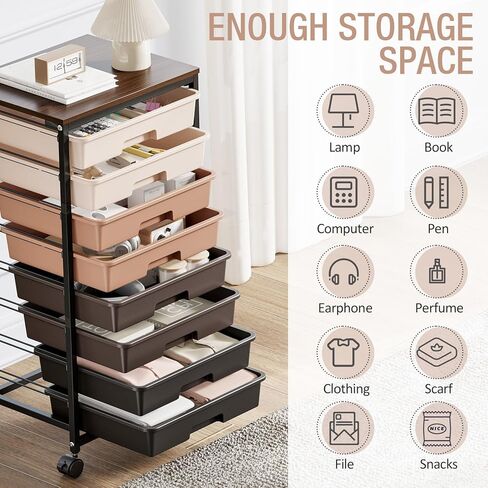 Storage Cart with 8 Drawers, Utility Cart with White Drawers and Wooden Tabletop, Craft Cart, Teacher Organization for Classroom,White in Kuwait