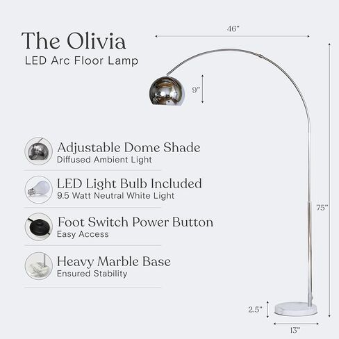 Brightech Olivia Floor Lamp, Arc Lamp for Living Rooms, Standing Lamp with LED Light Bulbs for Bedroom Reading, Great Living Room Décor, Tall Lamp for Offices – Brass/Gold in Kuwait