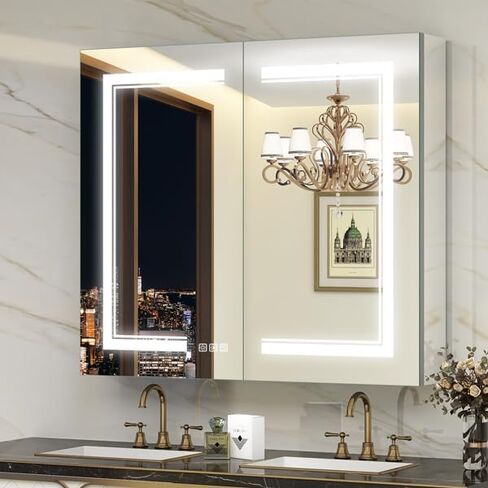 خزانة طبية LED من Benime مقاس 24 × 32 بوصة، خزانة طبية مضاءة مع: تخزين كبير، خزانة طبية سطحية أو غائرة مع أضواء، مزيل ضباب، تعتيم بدون خطوات ودرجات حرارة اللون، 2 منافذ وUSB، 3 أرفف in Kuwait