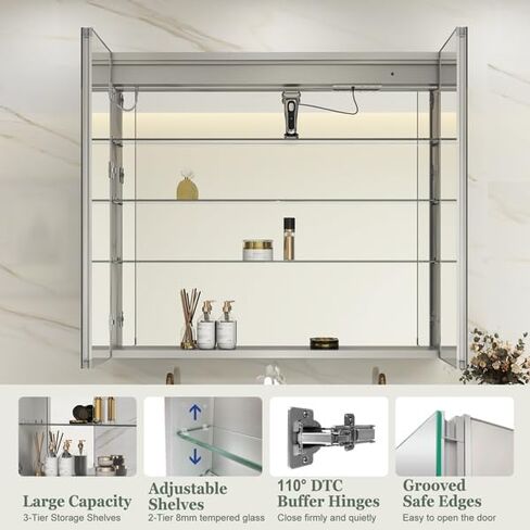 خزانة طبية LED من Benime مقاس 24 × 32 بوصة، خزانة طبية مضاءة مع: تخزين كبير، خزانة طبية سطحية أو غائرة مع أضواء، مزيل ضباب، تعتيم بدون خطوات ودرجات حرارة اللون، 2 منافذ وUSB، 3 أرفف in Kuwait