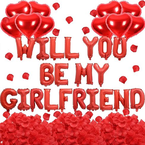 مجموعتان من بالونات Red Will You Be My Girlfriend - 42 قطعة بالونات حروف مقاس 40.64 سم، 1200 قطعة من بتلات الورد الاصطناعية الحمراء، 10 قطع بالونات على شكل قلب مقاس 45.72 سم، بالونات مايلر من رقائق الفويل الأبجدية لديكورات عيد الحب in Kuwait