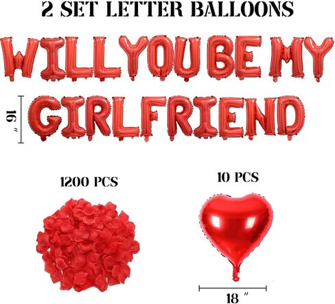 مجموعتان من بالونات Red Will You Be My Girlfriend - 42 قطعة بالونات حروف مقاس 40.64 سم، 1200 قطعة من بتلات الورد الاصطناعية الحمراء، 10 قطع بالونات على شكل قلب مقاس 45.72 سم، بالونات مايلر من رقائق الفويل الأبجدية لديكورات عيد الحب in Kuwait