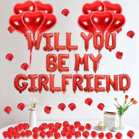 مجموعتان من بالونات Red Will You Be My Girlfriend - 42 قطعة بالونات حروف مقاس 40.64 سم، 1200 قطعة من بتلات الورد الاصطناعية الحمراء، 10 قطع بالونات على شكل قلب مقاس 45.72 سم، بالونات مايلر من رقائق الفويل الأبجدية لديكورات عيد الحب in Kuwait