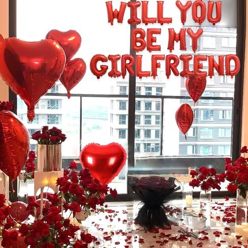مجموعتان من بالونات Red Will You Be My Girlfriend - 42 قطعة بالونات حروف مقاس 40.64 سم، 1200 قطعة من بتلات الورد الاصطناعية الحمراء، 10 قطع بالونات على شكل قلب مقاس 45.72 سم، بالونات مايلر من رقائق الفويل الأبجدية لديكورات عيد الحب in Kuwait