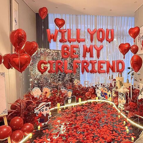 مجموعتان من بالونات Red Will You Be My Girlfriend - 42 قطعة بالونات حروف مقاس 40.64 سم، 1200 قطعة من بتلات الورد الاصطناعية الحمراء، 10 قطع بالونات على شكل قلب مقاس 45.72 سم، بالونات مايلر من رقائق الفويل الأبجدية لديكورات عيد الحب in Kuwait