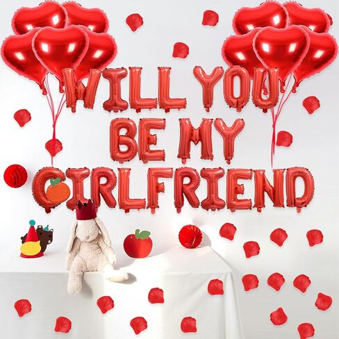 مجموعتان من بالونات Red Will You Be My Girlfriend - 42 قطعة بالونات حروف مقاس 40.64 سم، 1200 قطعة من بتلات الورد الاصطناعية الحمراء، 10 قطع بالونات على شكل قلب مقاس 45.72 سم، بالونات مايلر من رقائق الفويل الأبجدية لديكورات عيد الحب in Kuwait