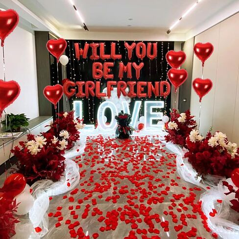 مجموعتان من بالونات Red Will You Be My Girlfriend - 42 قطعة بالونات حروف مقاس 40.64 سم، 1200 قطعة من بتلات الورد الاصطناعية الحمراء، 10 قطع بالونات على شكل قلب مقاس 45.72 سم، بالونات مايلر من رقائق الفويل الأبجدية لديكورات عيد الحب in Kuwait