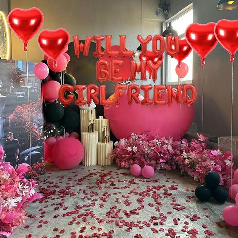 مجموعتان من بالونات Red Will You Be My Girlfriend - 42 قطعة بالونات حروف مقاس 40.64 سم، 1200 قطعة من بتلات الورد الاصطناعية الحمراء، 10 قطع بالونات على شكل قلب مقاس 45.72 سم، بالونات مايلر من رقائق الفويل الأبجدية لديكورات عيد الحب in Kuwait