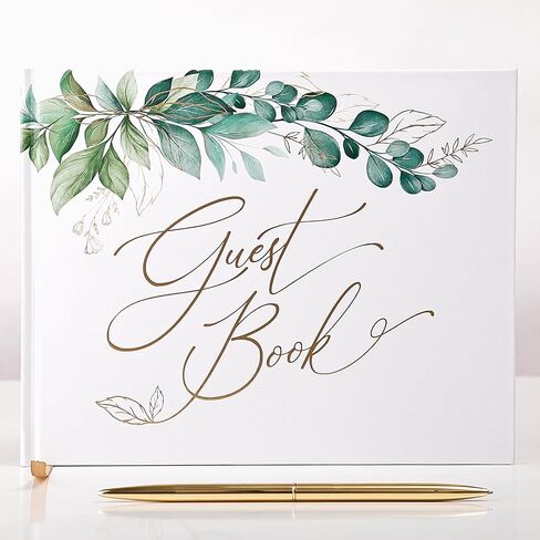 Gold Foil Greenery Wedding Guest Book 7 x 9 inches, Pen & Table Sign Included, Resgistry Sign in Book for Wedding, Bridal Shower, Baby Shower, Graduation, Birthday, Funeral, Anniversary or Reception in Saudi Arabia
